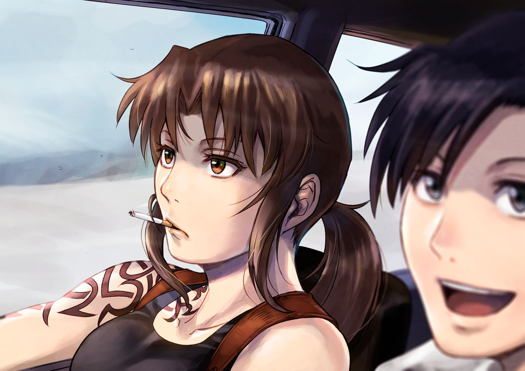 1boy 1girl azasuke black_eyes black_hair black_lagoon blurry brown_eyes brown_hair car_interior cigarette depth_of_field okajima_rokuro ponytail revy_(black_lagoon) sidelocks smoking tank_top tattoo window