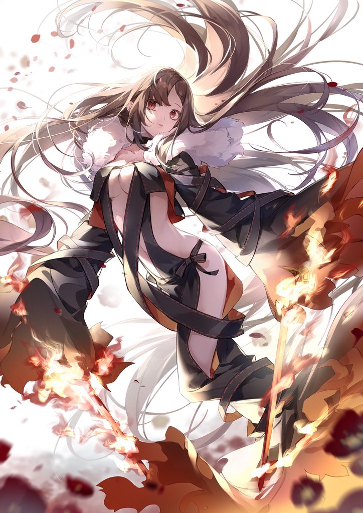 1girl breasts brown_hair consort_yu_(fate) dual_wielding e_(h798602056) fate/grand_order fate_(series) fire flaming_sword flaming_weapon fur_collar holding long_hair medium_breasts petals very_long_hair wide_sleeves
