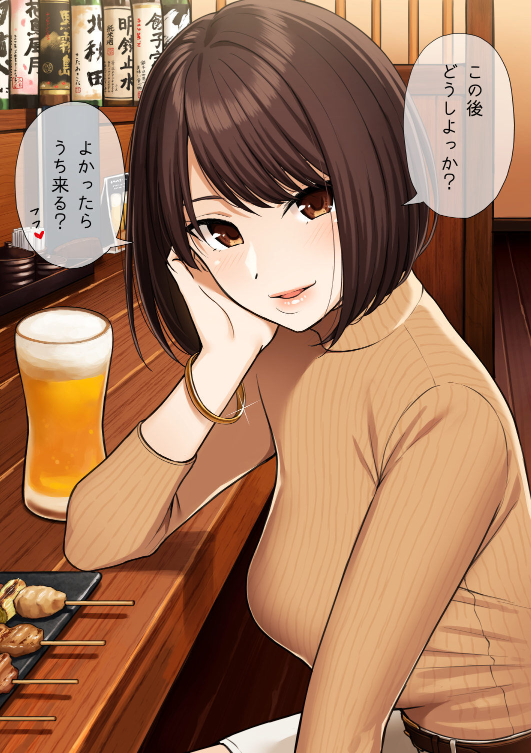 1girl :d alcohol beer belt blush bracelet breasts brown_eyes brown_hair commentary food gyouza_teishoku highres jewelry long_hair looking_at_viewer open_mouth original short_hair sitting smile solo sweater translated turtleneck turtleneck_sweater yakitori