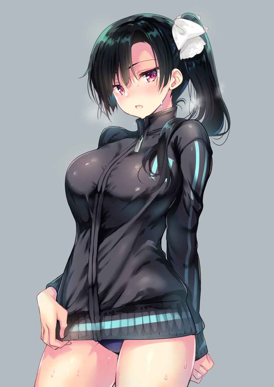 1girl arm_at_side asymmetrical_hair bangs bare_legs black_hair black_jacket black_swimsuit breasts breath commentary_request grey_background hair_ribbon highres jacket jacket_pull large_breasts open_mouth original ponytail red_eyes ribbon sanshoku_amido simple_background solo swimsuit thighs wet
