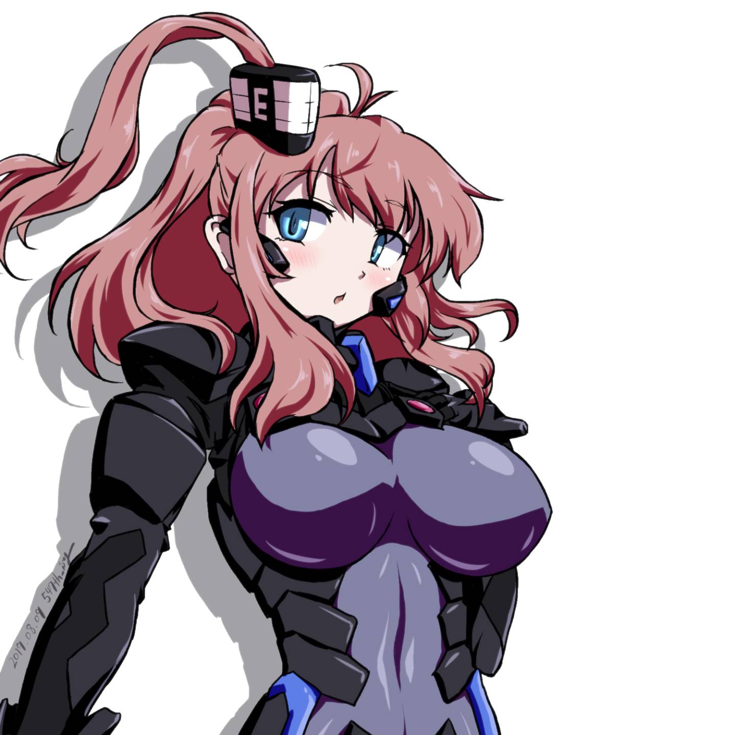 1girl 547th_sy battle_effectiveness_award blue_bodysuit blue_eyes bodysuit breasts brown_eyes brown_hair commentary_request cosplay hair_between_eyes highres kantai_collection large_breasts long_hair looking_at_viewer muvluv ponytail saratoga_(kantai_collection) side_ponytail sidelocks simple_background smokestack_hair_ornament solo upper_body white_background