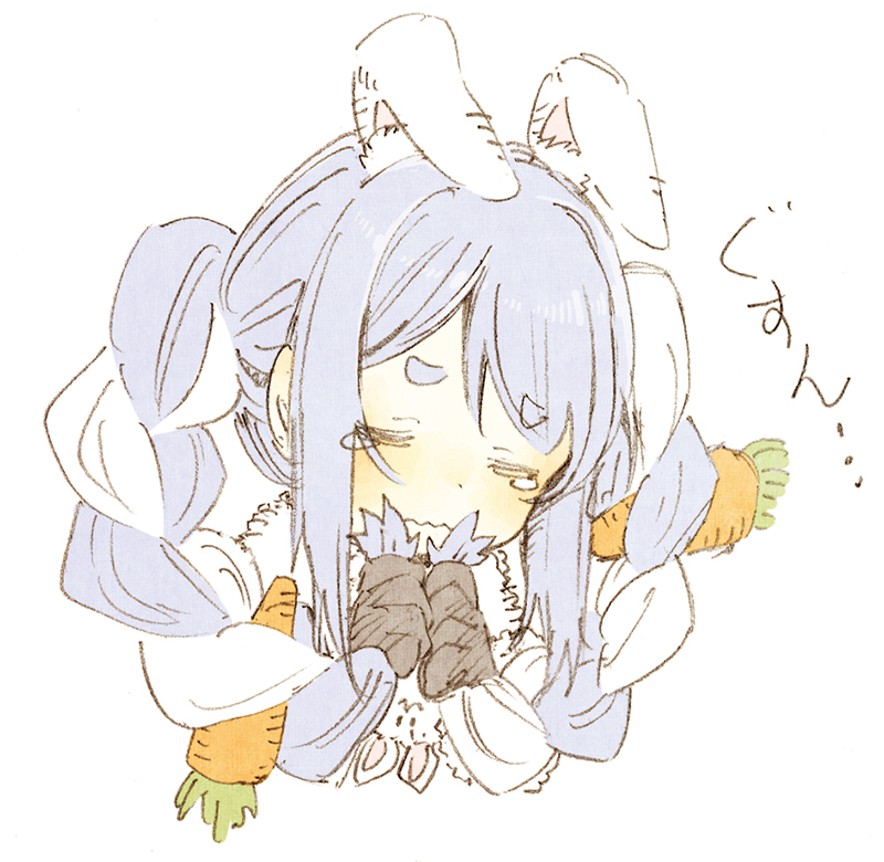 1girl abara_heiki animal_ear_fluff animal_ears blush braid carrot_hair_ornament closed_eyes closed_mouth commentary eyebrows_visible_through_hair food_themed_hair_ornament fur_scarf hair_ornament holding holding_hair hololive light_blue_hair long_hair looking_at_viewer multicolored_hair rabbit_ears sad simple_background solo tears thick_eyebrows traditional_media translated twin_braids twintails two-tone_hair upper_body usada_pekora virtual_youtuber wavy_mouth white_background white_hair