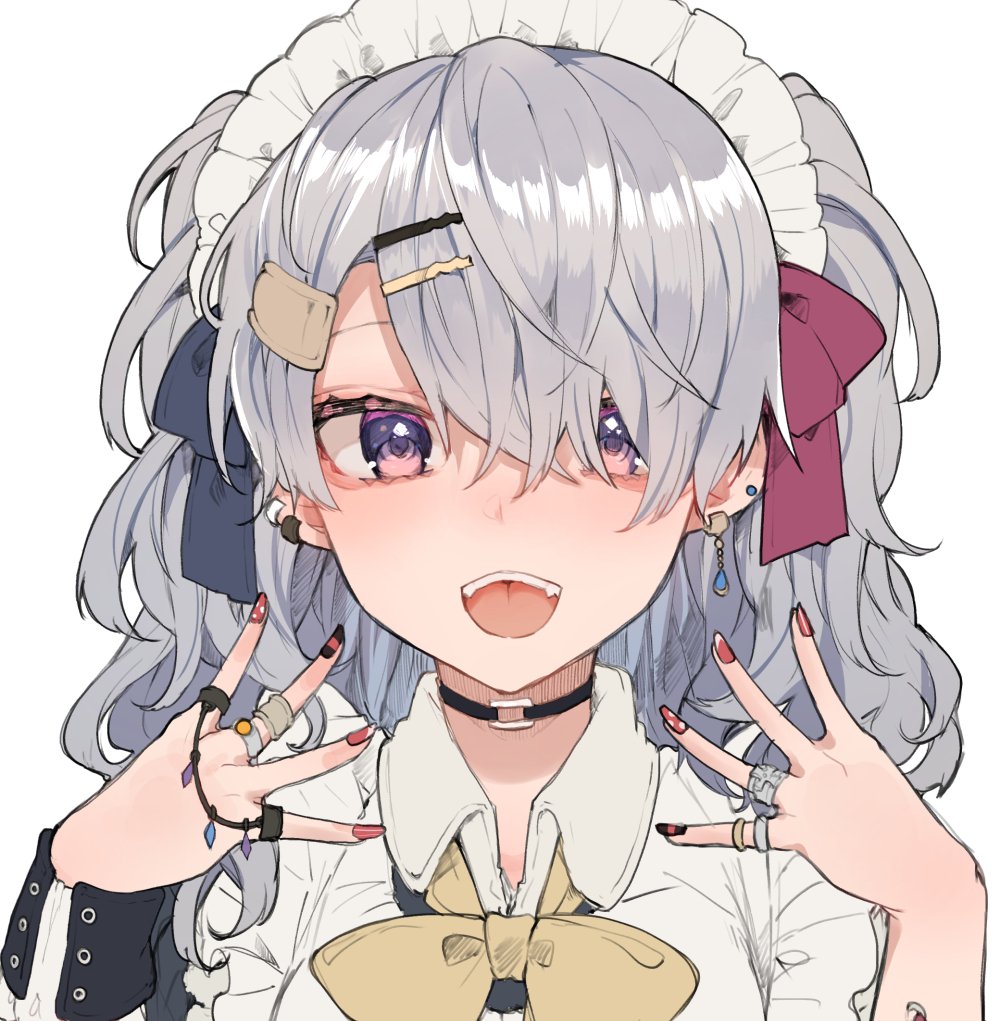 1girl :d apron black_choker bow bowtie choker collared_shirt ear_piercing earrings fangs fingernails grey_bow grey_hair hair_bow hair_ornament hair_over_one_eye hairclip hands_up ikeuchi_tanuma jewelry looking_at_viewer maid maid_apron maid_headdress multicolored multicolored_nails nail_art open_mouth original piercing red_bow red_nails ring shirt simple_background smile solo striped striped_bow twintails upper_body violet_eyes white_apron white_background wing_collar wrist_cuffs yellow_bow yellow_neckwear
