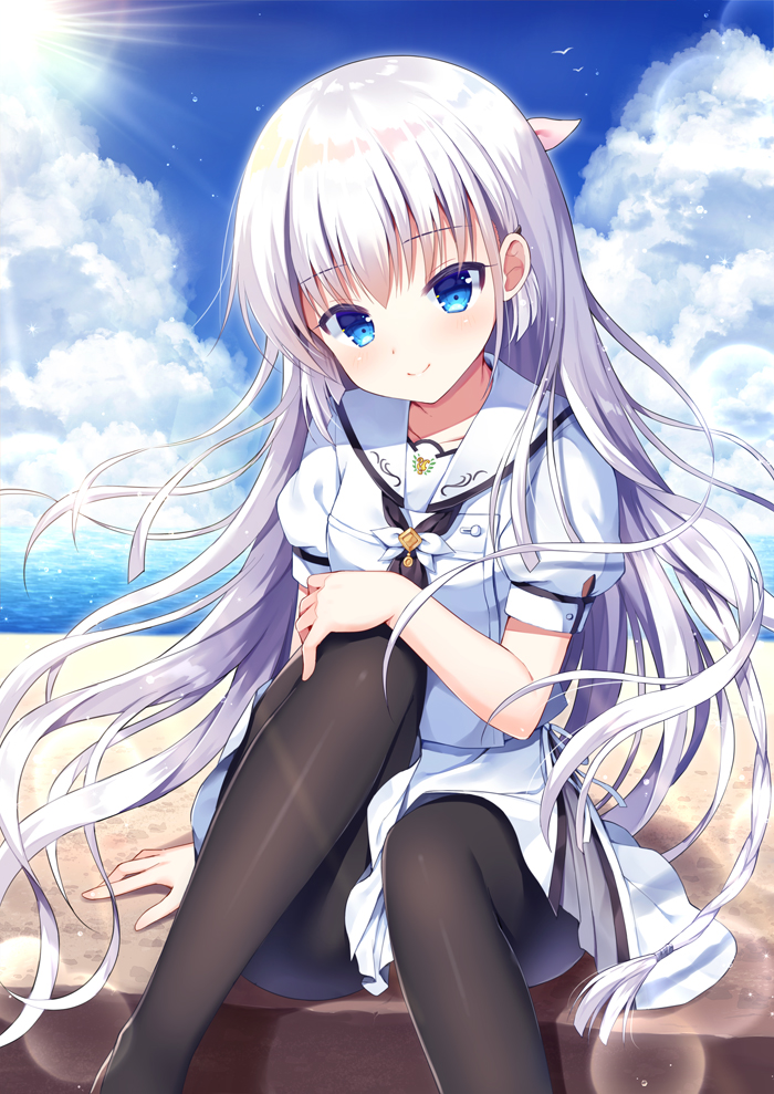 1girl black_legwear black_neckwear blue_eyes blue_sky blush closed_mouth clouds cloudy_sky collarbone commentary_request day feet_out_of_frame hair_ribbon hand_on_own_knee head_tilt horizon knee_up long_hair mauve naruse_shiroha ocean outdoors pantyhose pink_ribbon pleated_skirt puffy_short_sleeves puffy_sleeves ribbon sailor_collar shirt short_sleeves silver_hair skirt sky smile solo summer_pockets very_long_hair water white_sailor_collar white_shirt white_skirt
