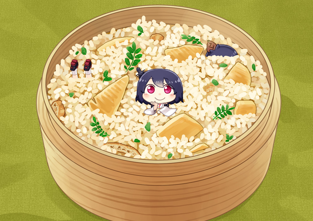 1girl 2others bamboo_shoot bangs black_hair blush chibi commentary_request eyebrows_visible_through_hair food hair_ornament hinata_yuu in_bowl in_container in_food kantai_collection leaf long_sleeves looking_at_viewer minigirl multiple_others oversized_object red_eyes rice shoes short_hair smile upside-down yamashiro_(kantai_collection)