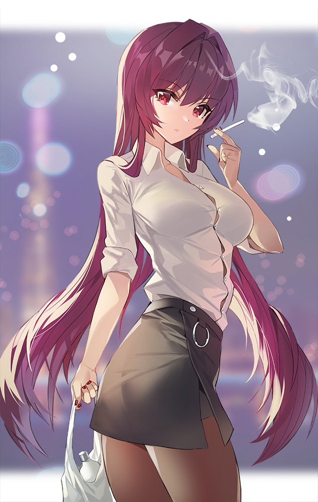 1girl alternate_costume ass bag black_skirt blurry blurry_background bottle breasts brown_legwear cigarette collared_shirt damda day depth_of_field dress_shirt fate/grand_order fate_(series) fingernails from_side grocery_bag holding holding_bag holding_cigarette long_fingernails long_hair looking_at_viewer looking_to_the_side medium_breasts miniskirt nail_polish outdoors pantyhose pencil_skirt purple_hair red_eyes red_nails scathach_(fate)_(all) scathach_(fate/grand_order) shirt shopping_bag short_sleeves skirt smoke smoking solo very_long_hair white_shirt wing_collar