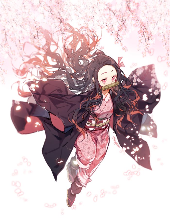 1girl bamboo bit_gag black_hair black_haori checkered_obi cherry_blossoms demon_girl flower forehead gag hair_ribbon haori japanese_clothes kamado_nezuko kimetsu_no_yaiba kimono leg_warmers long_hair mouth_hold multicolored_hair pink_eyes pink_kimono pink_ribbon ribbon sapphire_(sapphire25252) solo two-tone_hair very_long_hair wide_sleeves