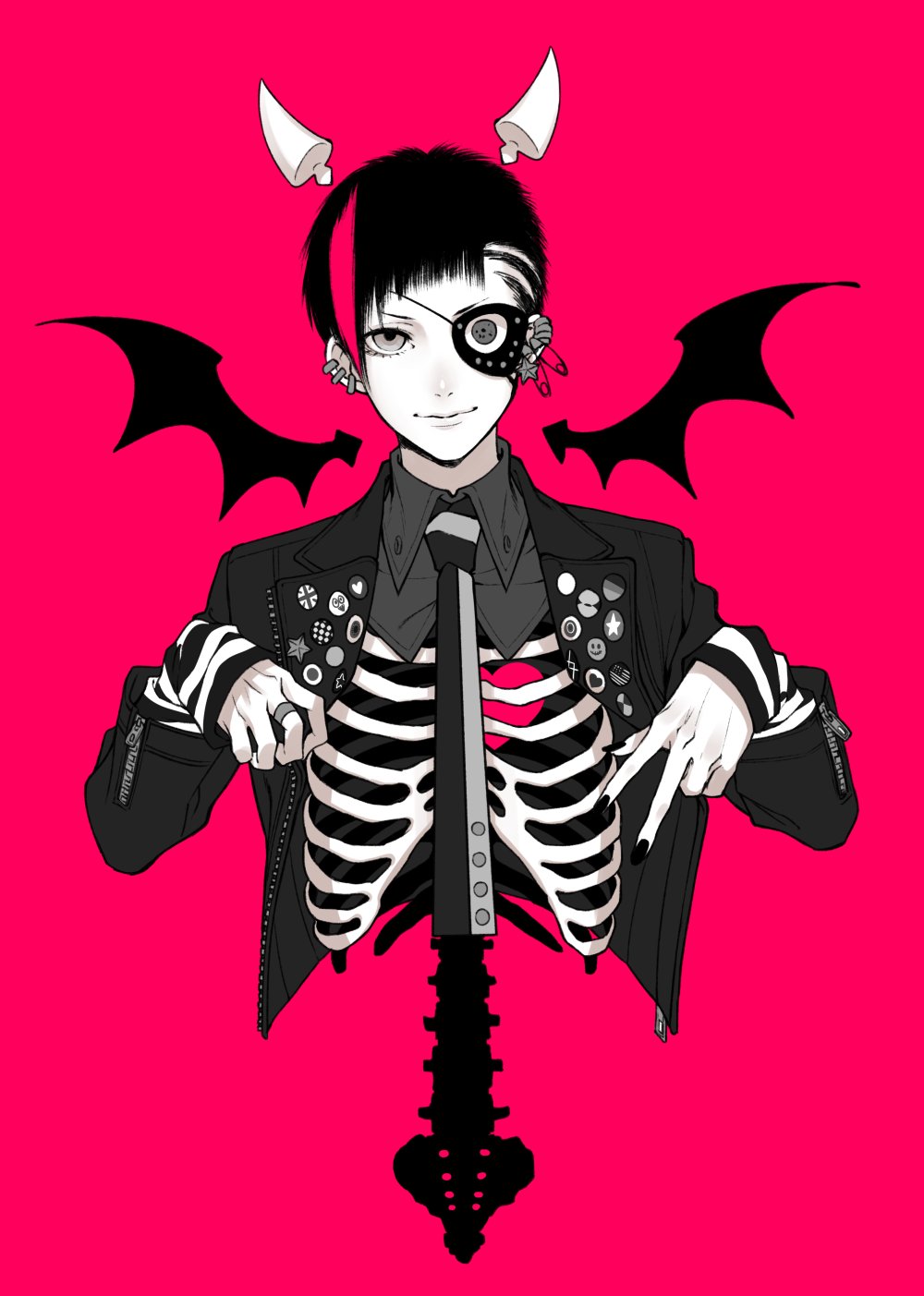1boy black_nails closed_mouth collared_shirt detached_horns detached_wings ear_piercing earrings eyepatch fingernails hands_up highres horns jacket jewelry long_sleeves looking_at_viewer male_focus monochrome multicolored_hair necktie one_eye_covered open_clothes open_jacket original pale_skin piercing red_background red_theme ribs ring safety_pin shirt simple_background skeleton smile solo streaked_hair upper_body westxost_(68monkey) wing_collar wings zipper