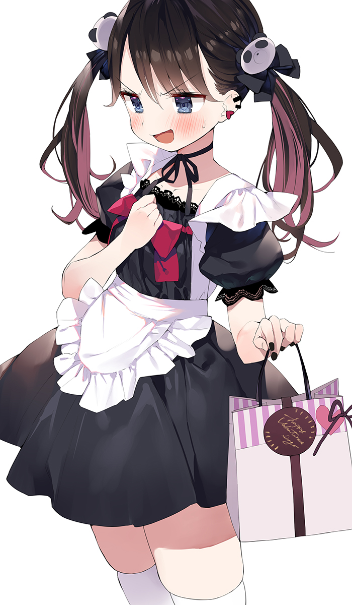 1girl :d apron bag black_bow black_choker black_dress black_nails black_neckwear black_ribbon blue_eyes blush bow brown_hair choker copyright_request cowboy_shot dress ear_clip earrings embarrassed eyebrows_visible_through_hair fingernails hair_bow hair_ornament heart heart_earrings highres holding jewelry looking_away maid maid_apron matsui_hiroaki multicolored_hair neck_ribbon nervous_smile open_mouth panda_hair_ornament paper_bag puffy_short_sleeves puffy_sleeves ribbon ribbon_choker short_sleeves simple_background skindentation smile streaked_hair sweatdrop thigh-highs twintails two-tone_hair v-shaped_eyebrows waist_apron white_apron white_background white_legwear
