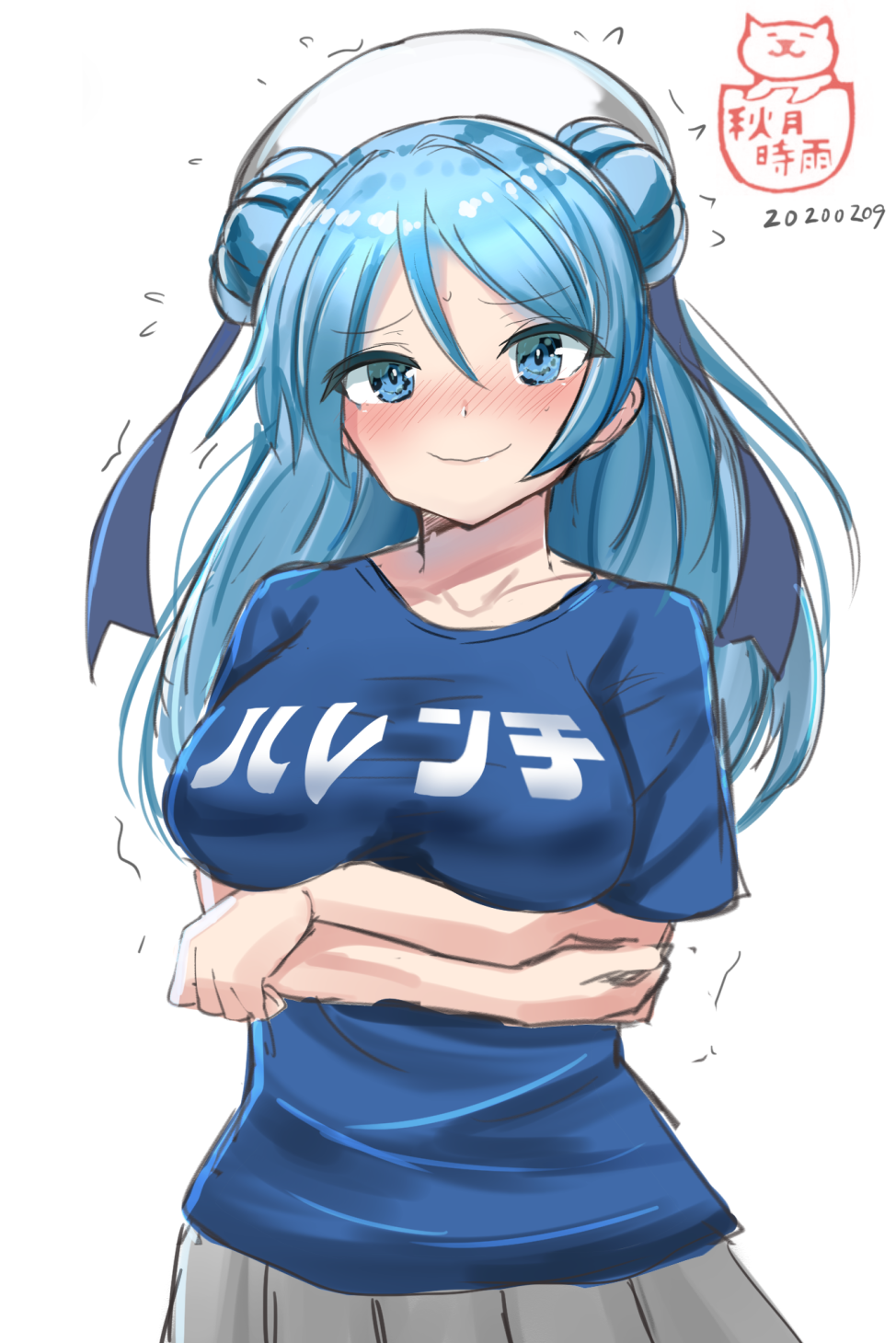 1girl 51_(akiduki) alternate_costume bangs blue_eyes blue_hair blue_shirt blush breasts clothes_writing crossed_arms dated double_bun eyebrows_visible_through_hair grey_skirt hair_between_eyes hat highres kantai_collection long_hair nervous_smile nose_blush shirt shitty_t-shirt_naval_base short_sleeves simple_background skirt smile solo sweat translation_request twitter_username urakaze_(kantai_collection) white_background white_headwear