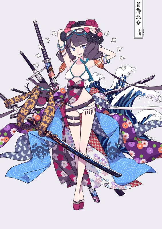 1girl armpits arms_behind_head arms_up bangs bare_shoulders beads bikini blue_eyes bracelet breasts calligraphy_brush closed_mouth collarbone fate/grand_order fate_(series) floral_print full_body goggles goggles_on_head grey_background jewelry katana katsushika_hokusai_(fate/grand_order) katsushika_hokusai_(swimsuit_saber)_(fate) legs long_hair medium_breasts multiple_swords obi octopus paintbrush pouch purple_hair sandals sash sidelocks simple_background smile swimsuit sword thigh_strap tokitarou_(fate/grand_order) tongue tongue_out waves weapon white_bikini zka