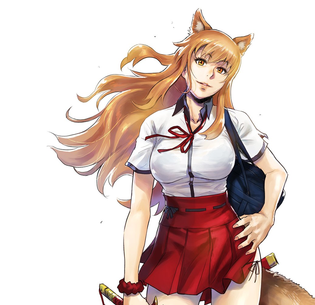 1girl animal_ear_fluff animal_ears azasuke bag bangs breasts collared_shirt fate/extra fate/extra_ccc fate/extra_ccc_fox_tail fate_(series) fox_ears fox_tail hakama_skirt hand_on_hip holding holding_sword holding_weapon large_breasts long_hair miniskirt orange_eyes orange_hair red_ribbon red_scrunchie red_skirt ribbon school_bag scrunchie sheath short_sleeves side_slit simple_background skirt smile solo suzuka_gozen_(fate) sword tail weapon white_background wrist_scrunchie