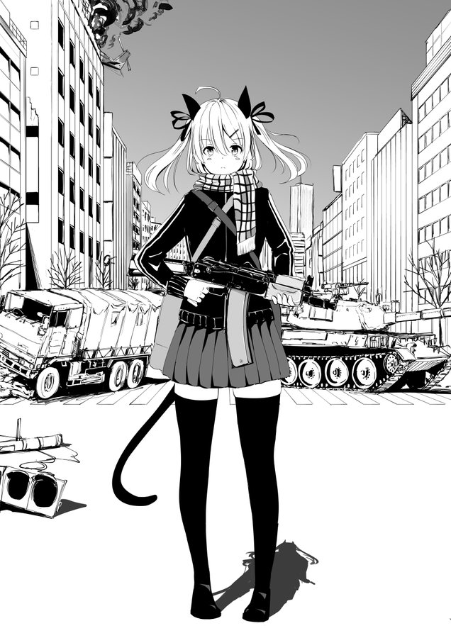 1girl blush_stickers commentary full_body greyscale ground_vehicle gun holding holding_weapon jacket maz543 military military_vehicle monochrome motor_vehicle original outdoors pleated_skirt scarf skirt solo standing tail tank thigh-highs track_jacket truck twintails weapon weapon_request