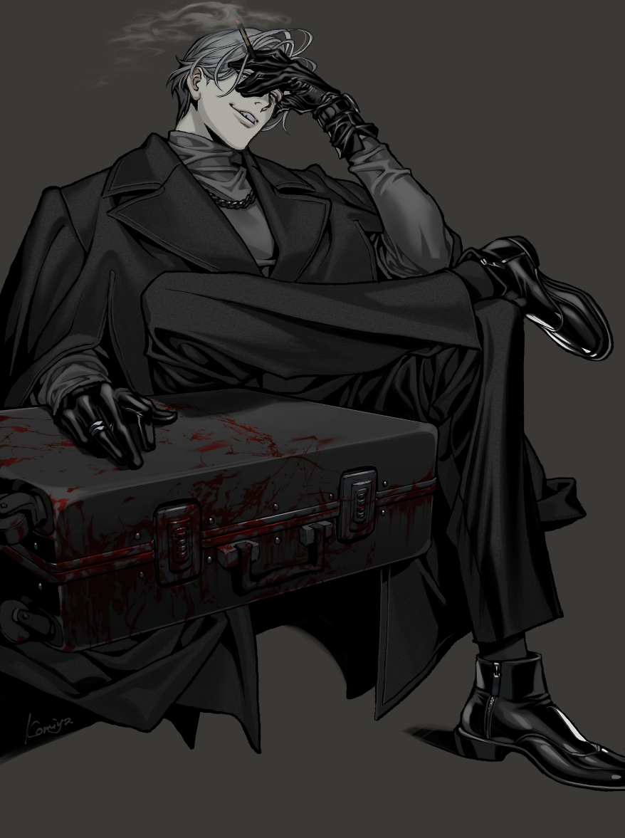 1boy black_coat black_footwear black_gloves black_legwear blood briefcase cigarette coat formal gloves grey_hair invisible_chair jewelry komiya_kuniharu male_focus necklace original parted_lips ring signature sitting smile smoke solo suit turtleneck white_eyes