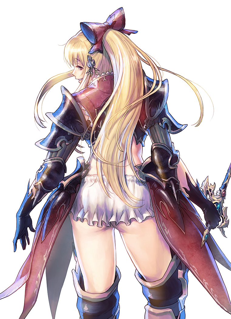 1girl ass azasuke black_gloves blonde_hair bow from_behind gloves granblue_fantasy hair_bow hair_ornament hip_armor holding holding_sword holding_weapon long_hair looking_back microskirt ponytail red_eyes shoulder_armor skirt solo sword vira_lilie weapon white_skirt