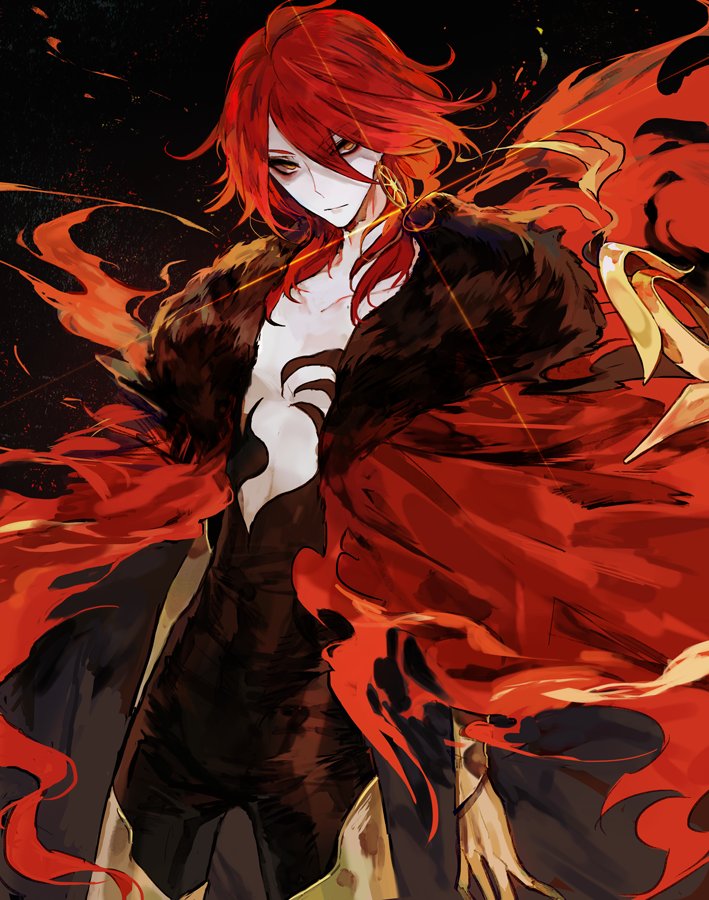 1boy arms_at_sides black_bodysuit bodysuit burning_clothes cape closed_mouth cowboy_shot earrings eyebrows_visible_through_hair eyes_visible_through_hair fate/grand_order fate_(series) glint gloves hair_between_eyes jewelry karna_(fate) long_hair looking_at_viewer male_focus mo_(mocopo) pale_skin red_cape redhead solo super_karna thigh-highs yellow_gloves yellow_legwear