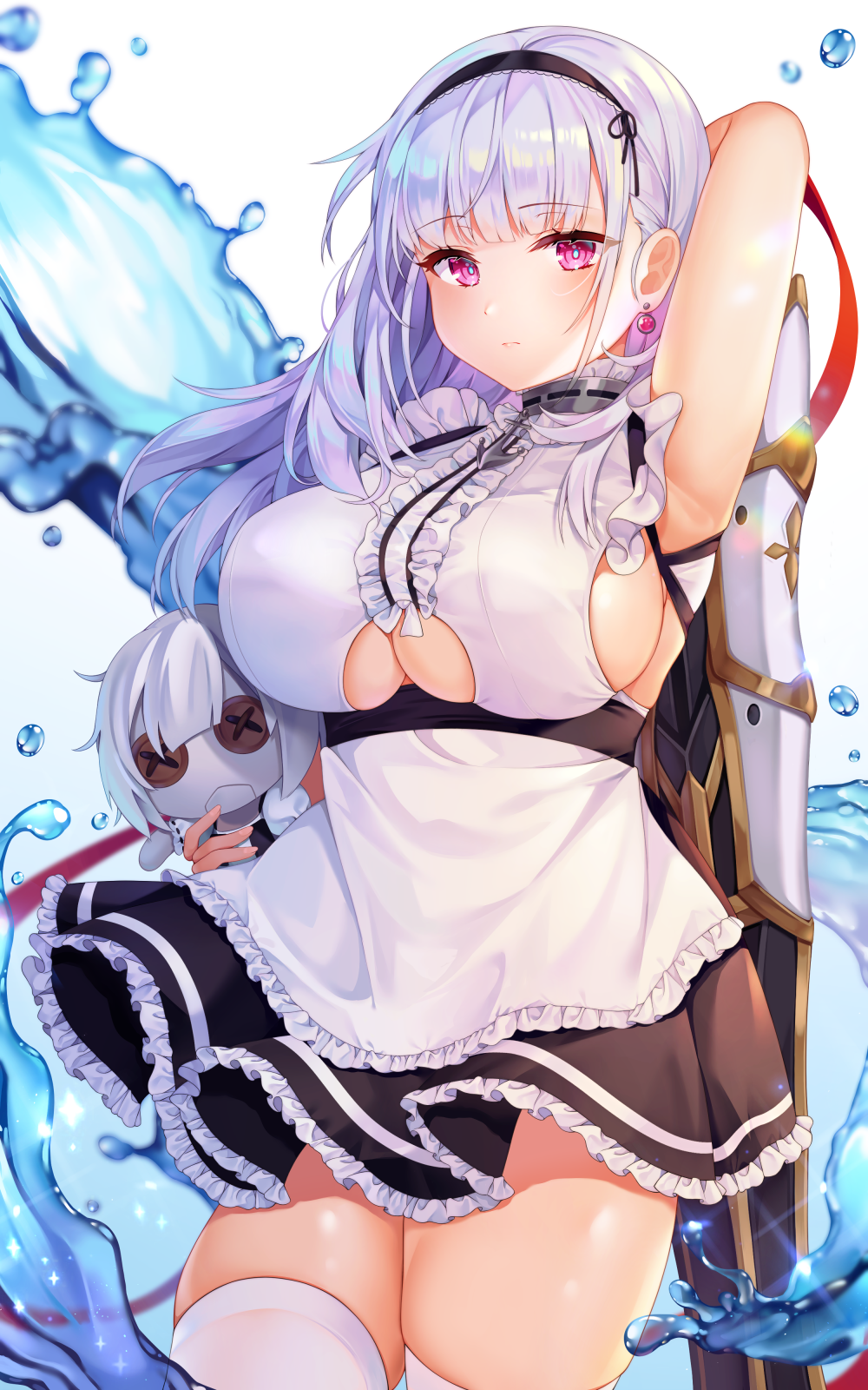 1girl arm_up armpits azur_lane bare_shoulders black_skirt blurry breasts character_doll cowboy_shot depth_of_field dido_(azur_lane) dress frilled_dress frills hairband highres holding large_breasts long_hair looking_at_viewer pink_eyes reel37891 sideboob silver_hair skirt solo sword thigh-highs underboob_cutout water weapon white_dress white_legwear zettai_ryouiki