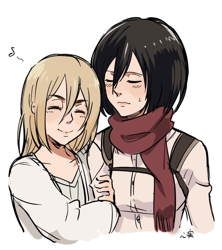 2girls arm_hug bangs belt black_eyes black_hair blonde_hair blush breasts christa_renz closed_eyes dress embarrassed hair_between_eyes happy hug kokomi_(aniesuakkaman) medium_hair mikasa_ackerman multiple_girls musical_note paradis_military_uniform red_scarf scarf shingeki_no_kyojin shirt short_hair smile strap sweat sweatdrop yuri