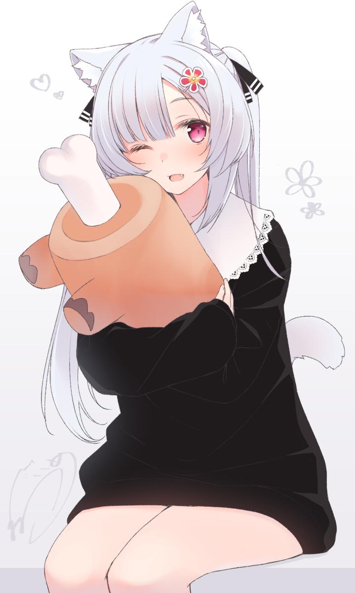 1girl :d animal_ear_fluff animal_ears bangs black_ribbon black_sweater blunt_bangs blush boned_meat cat_ears cat_tail dot_nose fang food grey_hair hair_ornament hair_ribbon hairclip heart highres holding long_hair long_sleeves looking_at_viewer meat nekoume one_eye_closed open_mouth original pink_eyes ribbon sitting smile solo stuffed_toy sweater tail twintails