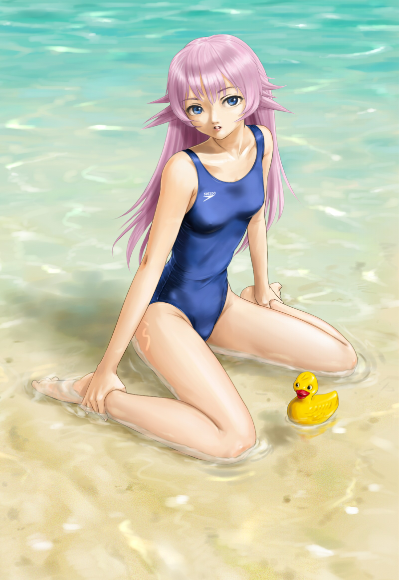 beach blue_eyes competition_swimsuit erect_nipples feet flat_chest long_hair one-piece_swimsuit pink_hair rasukaru rubber_duck sitting swimsuit wariza water