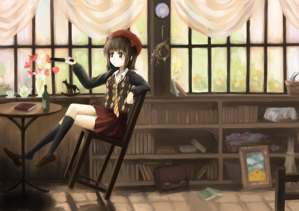 argyle book bottle brown_hair chair college_of_angel_(idolmaster) crossed_legs flower hachi_shoku hat idolmaster necktie school_uniform shoe_dangle shoes short_hair sitting skirt solo sweater table yakusa