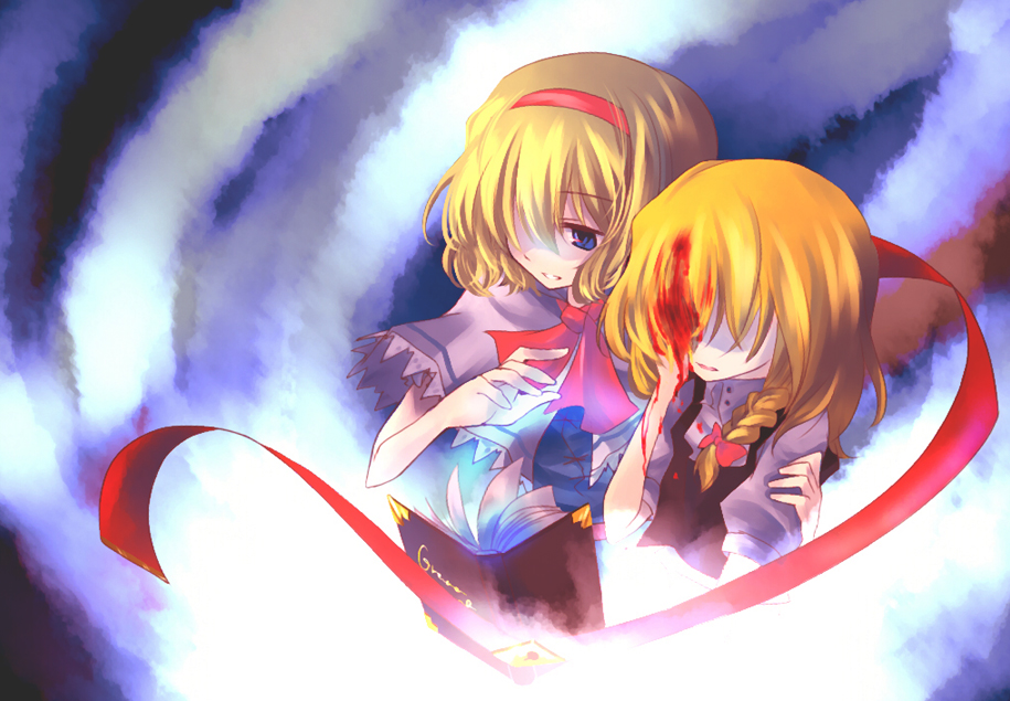 2girls alice_margatroid bleeding blonde_hair blood blue_eyes book grimoire hairband injury kirisame_marisa multiple_girls myama touhou wounded