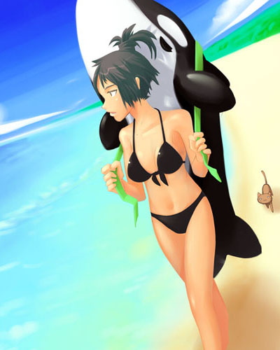 beach bikini black_hair cat dark_hair lowres outdoor outdoors source_request sport swimsuit
