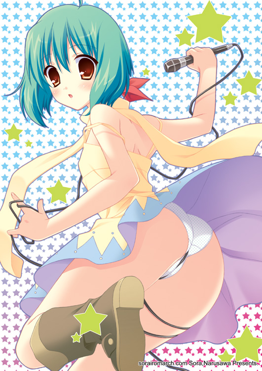 dress green_hair macross macross_frontier microphone narusawa_sora panties ranka_lee underwear