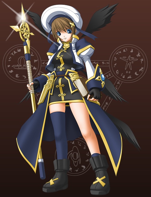 blue_eyes boots brown_background brown_hair fingerless_gloves gloves hat magic_circle mahou_shoujo_lyrical_nanoha mahou_shoujo_lyrical_nanoha_strikers omega_symbol one_thighhigh schwertkreuz short_hair single_thighhigh skirt staff t2r thighhighs wings yagami_hayate