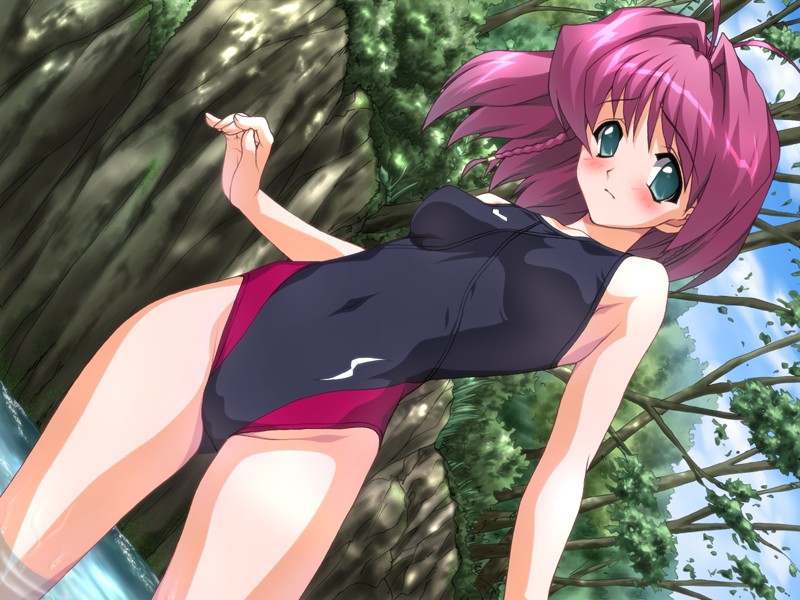 aqua_eyes armpits bare_shoulders blush braid cloud clouds competition_swimsuit dutch_angle embarrassed game_cg hair_intakes hanabana_no_omohi... joy_ride nature navel one-piece_swimsuit outdoors pink_hair sakurai_waka short_hair side_braid skin_tight sky solo standing swimsuit thighs tree wading water wet