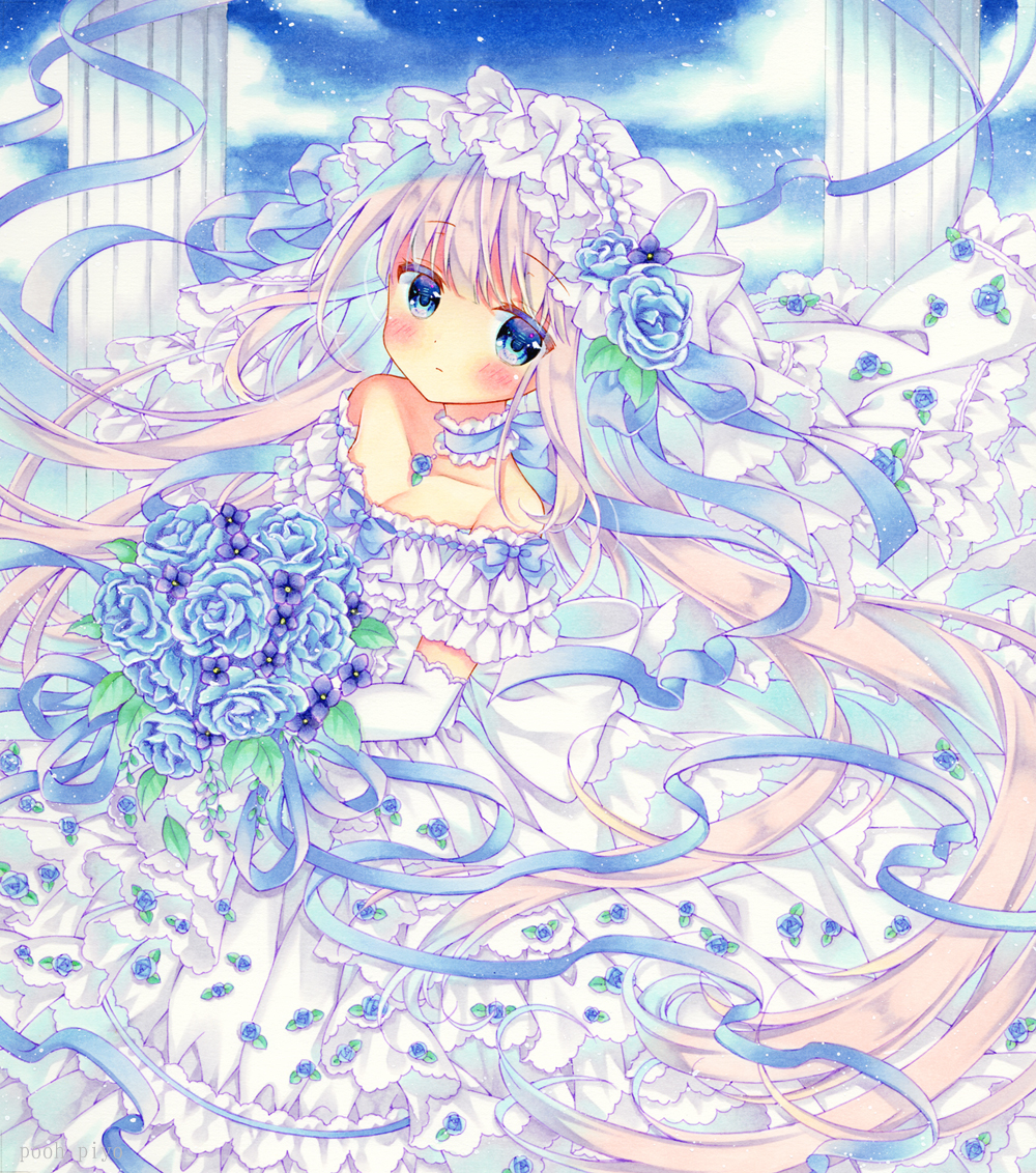 1girl bare_shoulders blue_eyes blue_flower blue_hair blue_ribbon blue_rose blue_sky blush bouquet bow bridal_veil bride choker closed_mouth clouds collarbone commentary day dress dress_flower elbow_gloves expressionless floating_hair flower frilled_choker frilled_dress frills gloves gradient_hair hair_flower hair_ornament holding holding_bouquet long_hair looking_at_viewer marker_(medium) multicolored_hair off-shoulder_dress off_shoulder original pillar pink_hair puu_(kari---ume) ribbon rose short_sleeves sky solo traditional_media twitter_username veil very_long_hair wedding_dress white_dress white_gloves