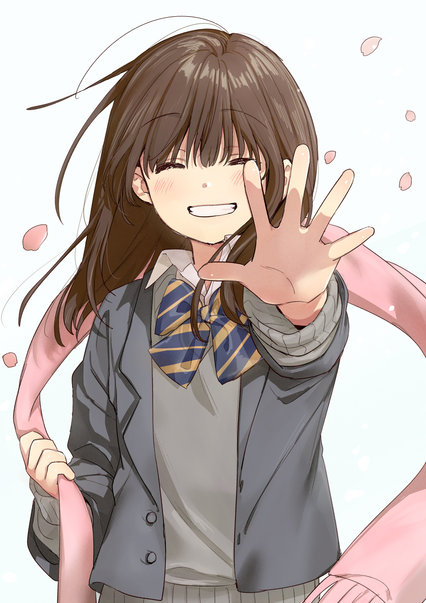 1girl bangs blazer blush bow bowtie brown_hair closed_eyes falling_petals grin highres jacket kawai_makoto long_sleeves open_hand original outstretched_arm pink_scarf reaching_out scarf school_uniform smile solo spread_fingers sweater upper_body