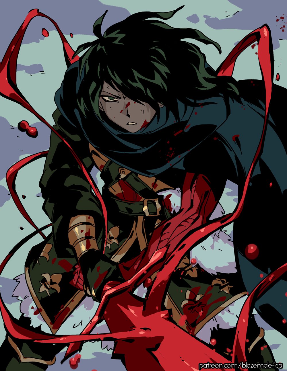 1boy artist_name black_gloves black_hair blazemalefica blood blood_on_clothes blood_on_face blue_cape cape colored_skin dark-skinned_male dark_skin fantasy fur_trim gloves green_eyes hair_over_one_eye hemokinesis highres holding holding_sword holding_weapon long_hair looking_at_viewer male_focus original parted_lips red_skin solo sword teeth vambraces weapon