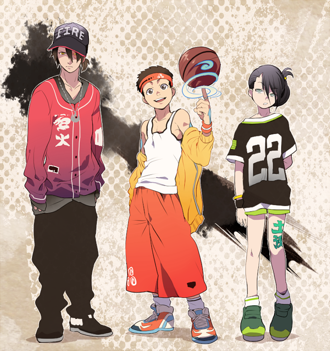 1girl 2boys aang alternate_hair_length alternate_hairstyle arm_tattoo avatar:_the_last_airbender avatar_(series) baggy_pants ball baseball_cap basketball basketball_uniform black_hair brown_hair burn_scar capri_pants contemporary flat_chest green_eyes hat headband holding holding_ball jacket jewelry leg_tattoo loose_socks male_focus multiple_boys off-shoulder_jacket pants pendant scar scar_across_eye shoes short_ponytail shorts sleeves_past_wrists sneakers sportswear t_k_g tank_top tattoo toph_bei_fong updo wristband zuko