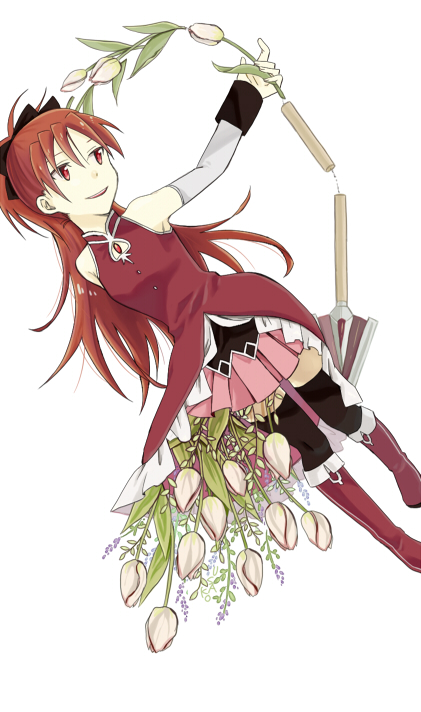 1girl arm_at_side armpit_peek bare_shoulders black_legwear black_ribbon boots breasts chain commentary detached_sleeves dot_nose dutch_angle english_commentary feet_out_of_frame fingernails flower flower_request hair_between_eyes hair_ribbon hand_up holding holding_spear holding_weapon knee_boots leaf light_smile long_hair looking_away mahou_shoujo_madoka_magica parted_lips pink_skirt pleated_skirt polearm ponytail red_eyes red_footwear redhead ribbon sakura_kyouko shiny shiny_hair simple_background skirt sleeveless small_breasts solo soul_gem spear teeth thigh-highs upper_teeth usako_(arisusagi) weapon white_background white_flower