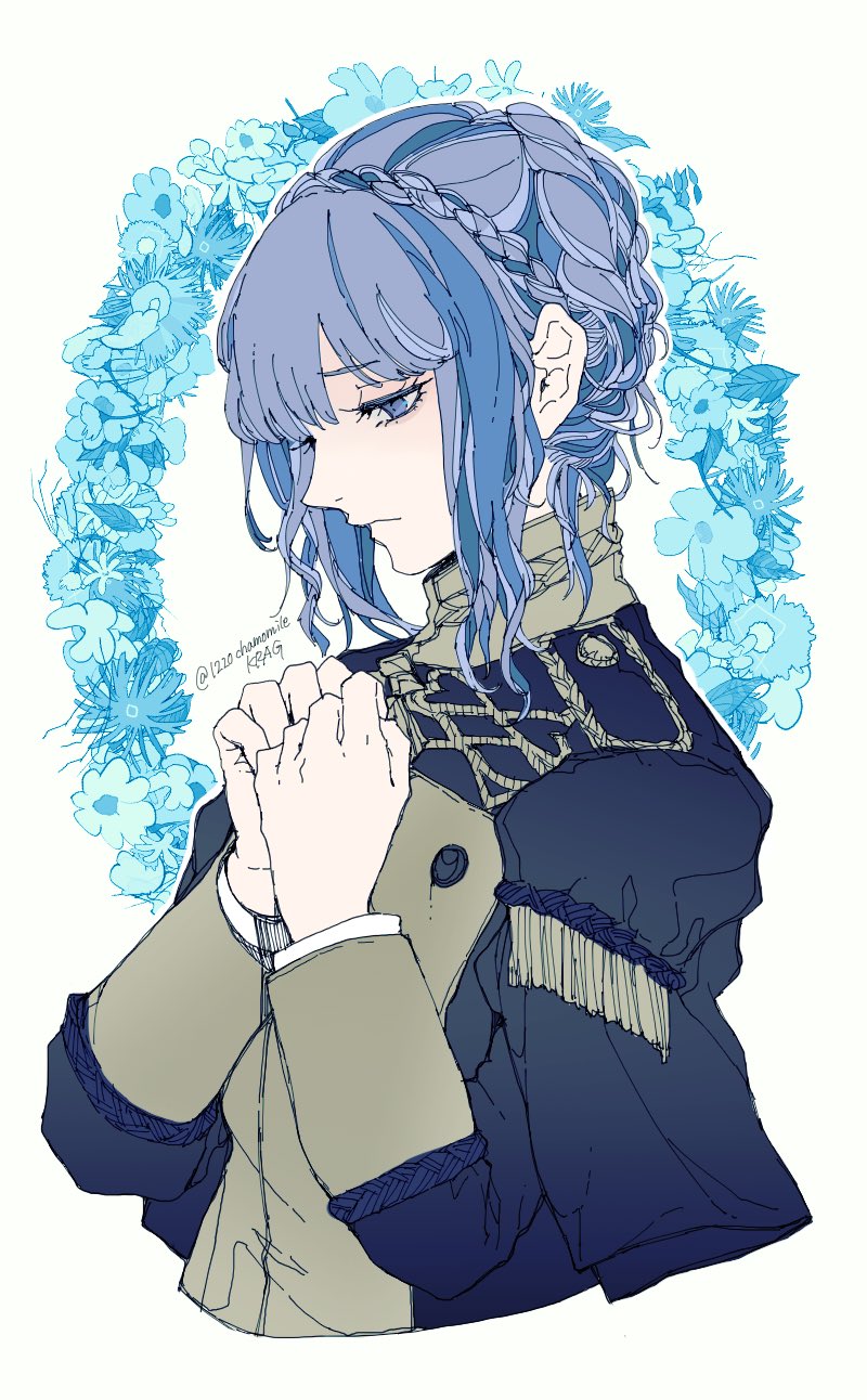 1220chamomile 1girl blue_hair braid closed_mouth crown_braid fire_emblem fire_emblem:_three_houses flower from_side garreg_mach_monastery_uniform highres long_sleeves marianne_von_edmund solo twitter_username uniform upper_body