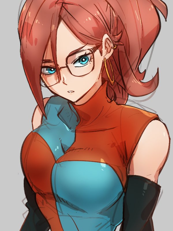 1girl alternate_hairstyle android_21 blue_eyes breasts checkered checkered_dress dragon_ball dragon_ball_fighterz dress earrings glasses grey_background hair_between_eyes hoop_earrings jewelry kemachiku looking_at_viewer medium_breasts ponytail redhead simple_background solo upper_body