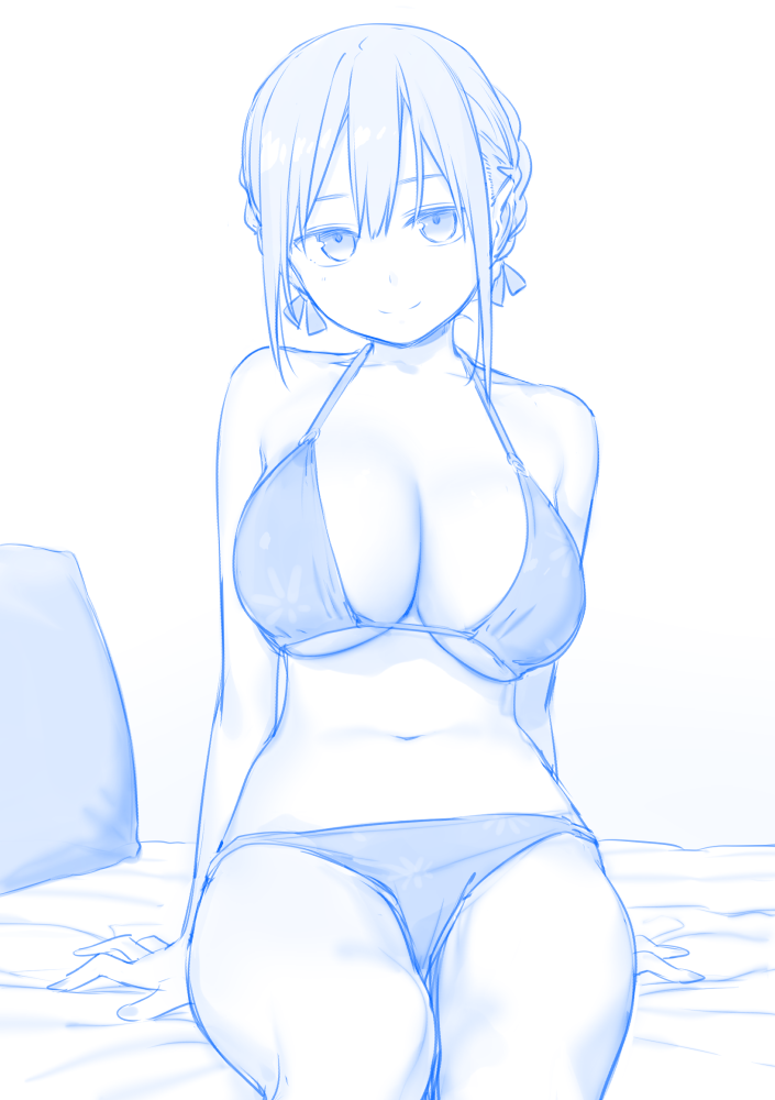 1girl bare_arms bare_shoulders bikini blue_theme breasts closed_mouth getsuyoubi_no_tawawa hair_between_eyes hair_ornament head_tilt himura_kiseki large_breasts looking_at_viewer monochrome pillow sidelocks simple_background sitting smile solo swimsuit white_background