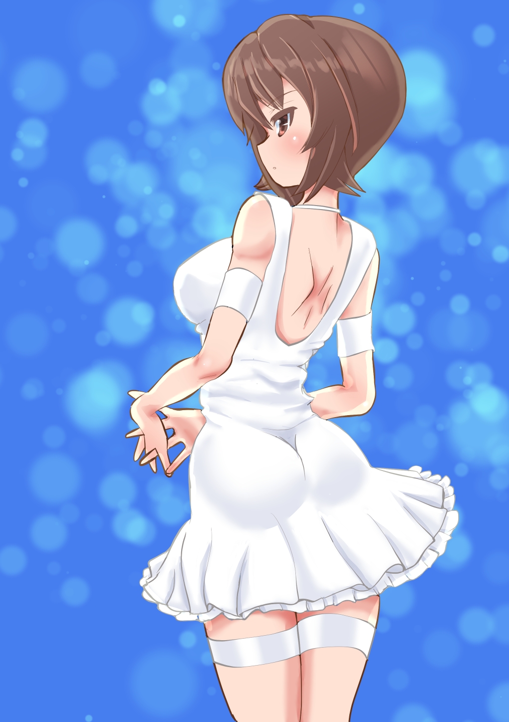 1girl backless_dress backless_outfit bangs blue_background brown_eyes brown_hair casual commentary_request cowboy_shot dress frilled_dress frills from_behind girls_und_panzer hands_together highres interlocked_fingers makura_ken nishizumi_maho parted_lips partial_commentary short_dress short_hair sleeveless sleeveless_dress solo standing thigh_strap white_dress