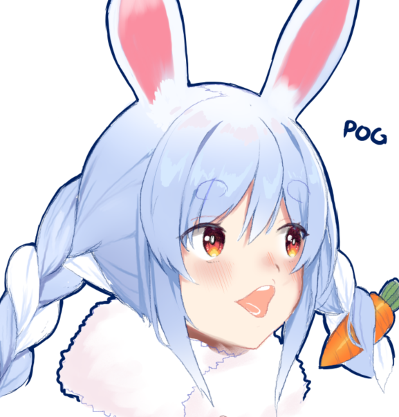 1girl animal_ears blue_hair blush braid bunny_girl carrot carrot_hair_ornament eyebrows eyebrows_visible_through_hair food_themed_hair_ornament hair_ornament hololive meme open_mouth parody pogchamp rabbit_ears solo teriibol twin_braids usada_pekora virtual_youtuber white_background