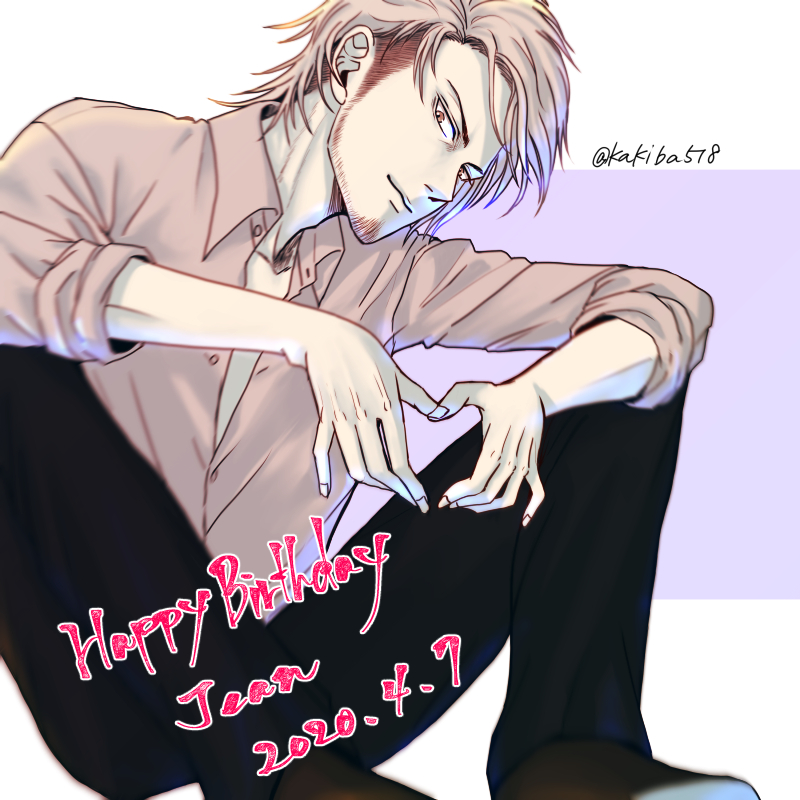 1boy birthday black_pants blonde_hair brown_footwear closed_mouth dated facial_hair happy jean_kirchstein kakiba518 medium_hair pants shingeki_no_kyojin shirt sideburns sitting smile solo twitter_username undercut white_shirt yellow_eyes