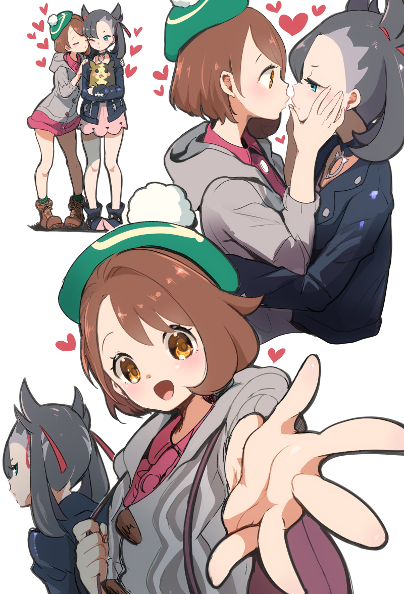 2girls black_hair black_jacket brown_hair choker chorimokki gen_8_pokemon grey_cardigan hair_ribbon hands_on_another's_face hat heart imminent_kiss jacket mary_(pokemon) morpeko morpeko_(full) multiple_girls pokemon pokemon_(game) pokemon_swsh ribbon tam_o'_shanter yuri yuuri_(pokemon)