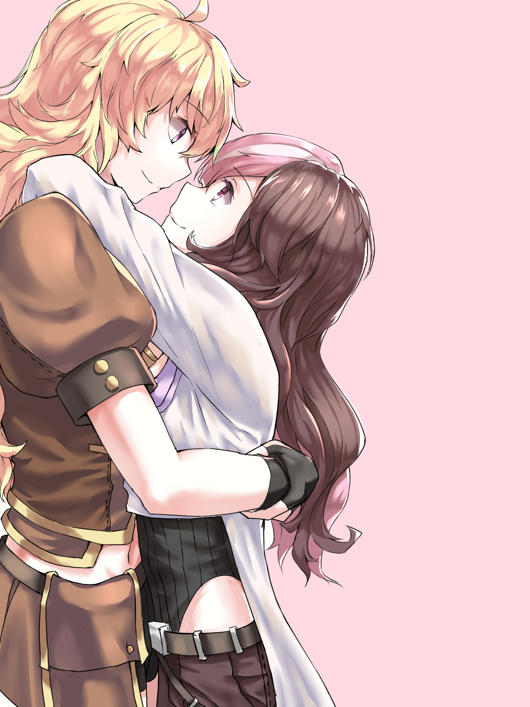 2girls blonde_hair brown_hair fingerless_gloves gloves height_difference highres hug looking_at_another multicolored_hair multiple_girls navel neo_politan pink_hair rwby smile tl yang_xiao_long yuri