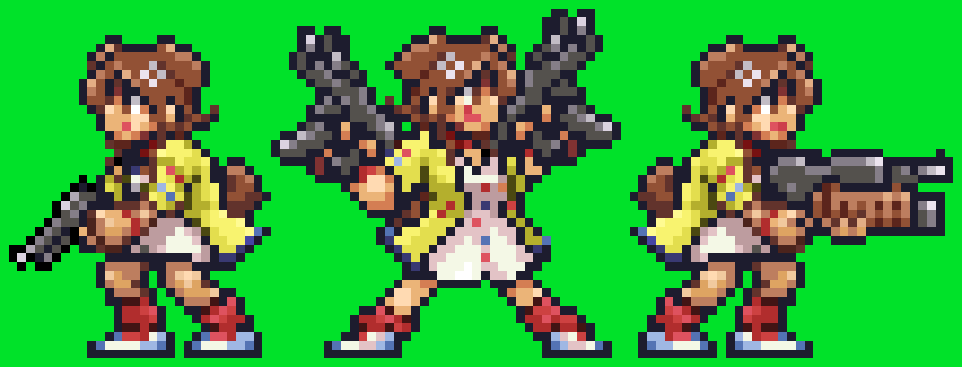 1girl animal_ears brown_hair commentary_request dog_ears dog_tail dual_wielding full_body grey_background gun hair_ornament holding hololive inugami_korone metal_slug multiple_views parody pixel_art simple_background standing tail virtual_youtuber weapon yoshida_on