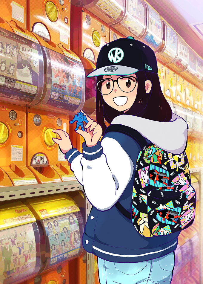 1girl 49s-aragon akuma_shogun backpack bag baseball_cap black_hair black_hole_(kinnikuman) cowboy_shot denim from_side glasses hat holding holding_toy hood hood_down hooded_jacket indoors jacket jeans kinnikuman long_hair long_sleeves looking_at_viewer open_mouth original pants print_backpack smile solo springman_(kinnikuman) standing stecase_king toy