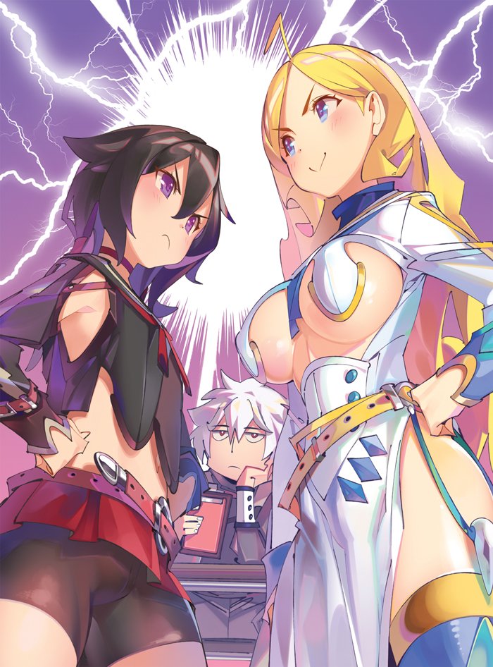 1boy 2girls :&lt; ahoge bangs belt bike_shorts black_hair blonde_hair blue_eyes blue_legwear blush breasts closed_mouth cowboy_shot crop_top dress electricity from_below frown hagure_madou_kyoushi_no_unlimited_eiyuu_houteishiki hair_between_eyes hair_flaps hands_on_hips large_breasts lily_hilton long_hair long_sleeves looking_at_another midriff multiple_girls navel novel_illustration official_art parted_bangs pelvic_curtain pop_kyun rosa_wild short_hair shorts shorts_under_skirt small_breasts smile standing thigh-highs under_boob v-shaped_eyebrows violet_eyes white_dress