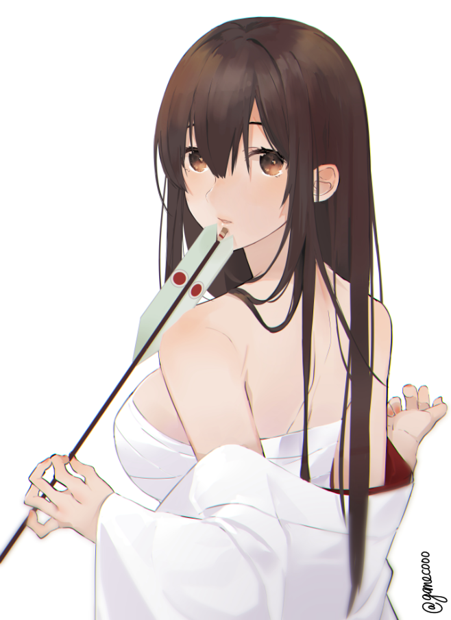 1girl akagi_(kantai_collection) arrow back blush breasts brown_eyes brown_hair eyebrows_visible_through_hair hair_between_eyes hair_ornament japanese_clothes kantai_collection kimono large_breasts long_hair looking_at_viewer looking_back nello_(luminous_darkness) open_mouth solo white_kimono