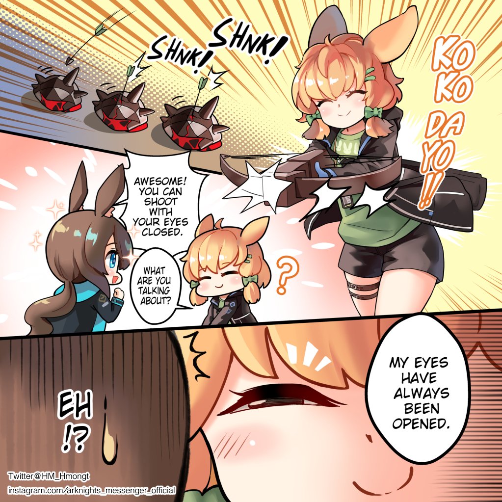 2girls amiya_(arknights) animal_ears arknights blonde_hair blue_eyes bow_(weapon) brown_hair closed_eyes commentary crossbow english_text gloves kroos_(arknights) multiple_girls phandit_thirathon rabbit_ears slug smile speech_bubble squinting weapon