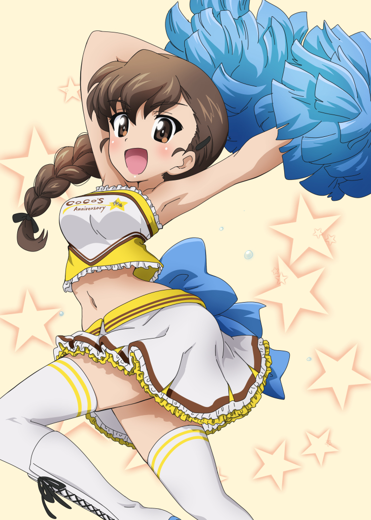 1girl :d alternate_costume armpits arms_up bare_shoulders black_ribbon blue_bow boots bow braid brown_eyes brown_hair cheerleader clothes_writing coco's commentary cross-laced_footwear double_horizontal_stripe frilled_shirt frilled_skirt frills girls_und_panzer hair_ornament hair_ribbon hairclip holding_pom_poms kanau lace-up_boots large_bow leaning_forward leg_up logo long_hair looking_at_viewer midriff miniskirt navel open_mouth ribbon rukuriri_(girls_und_panzer) shirt single_braid single_horizontal_stripe skirt smile solo standing star starry_background strapless sweat thigh-highs tubetop white_footwear white_legwear white_shirt white_skirt yellow_background