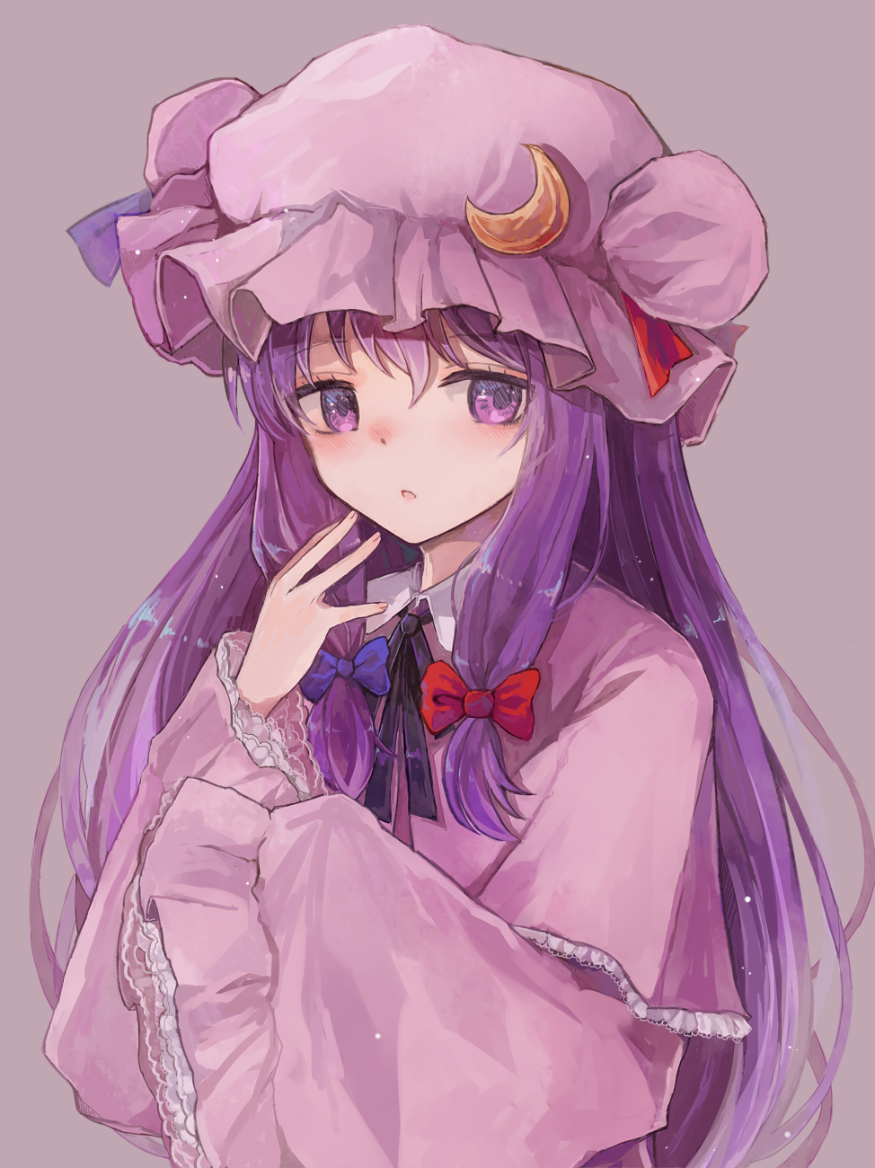 1girl black_neckwear blue_bow blue_ribbon blush bow capelet collar commentary_request crescent crescent_moon_pin eyebrows_visible_through_hair grey_background hair_bow hat hat_ribbon highres long_hair mob_cap patchouli_knowledge purple_hair red_bow red_ribbon remokawa ribbon simple_background solo touhou upper_body very_long_hair violet_eyes wide_sleeves